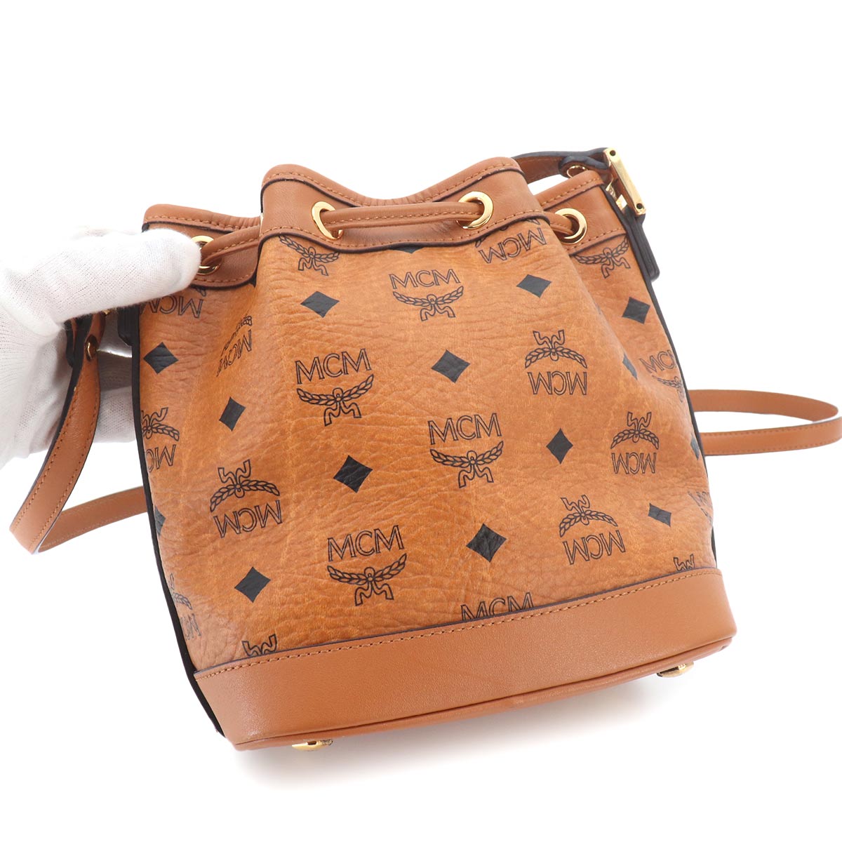 Visetos Monogram Drawstring Shoulder Bag PVC Leather Brown Studs
