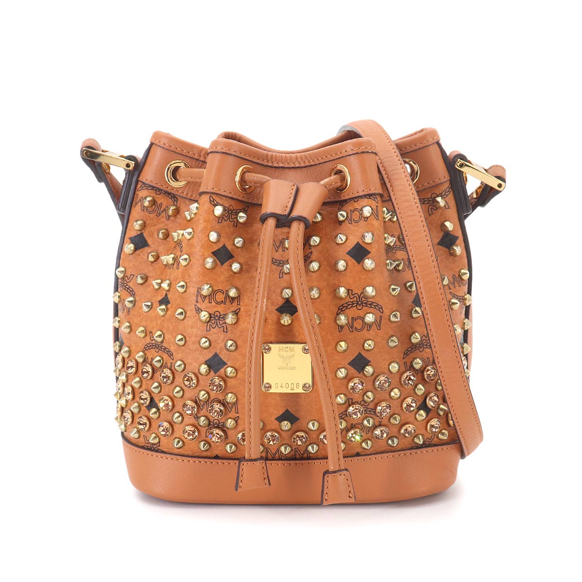 Visetos Monogram Drawstring Shoulder Bag PVC Leather Brown Studs