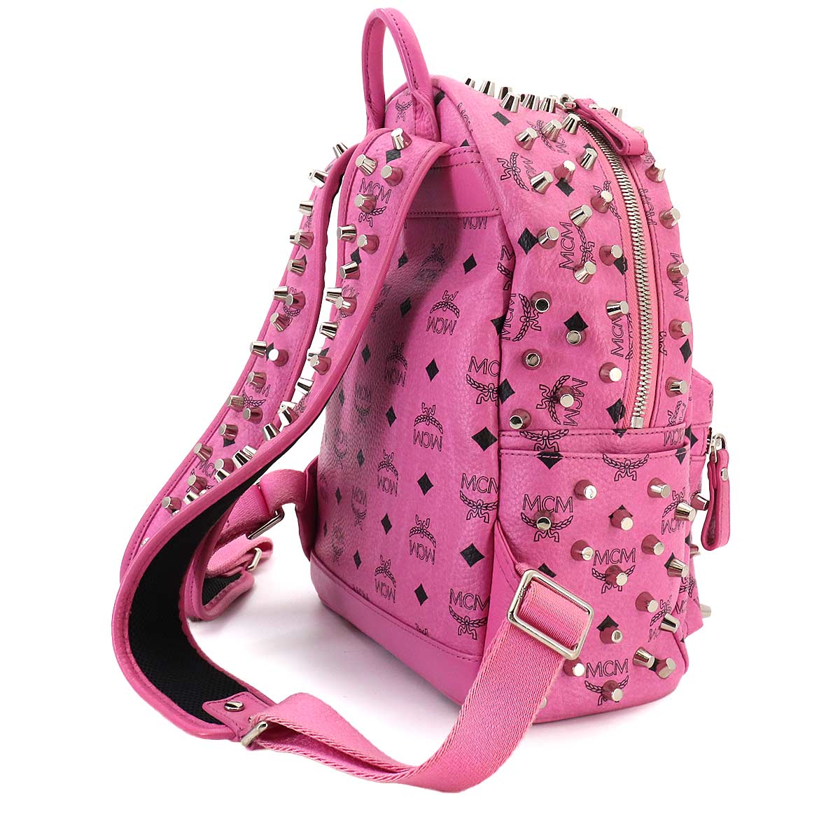 Studs Back Pack Leather Pink Black
