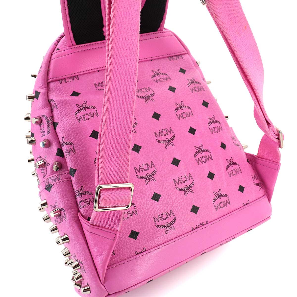 Studs Back Pack Leather Pink Black