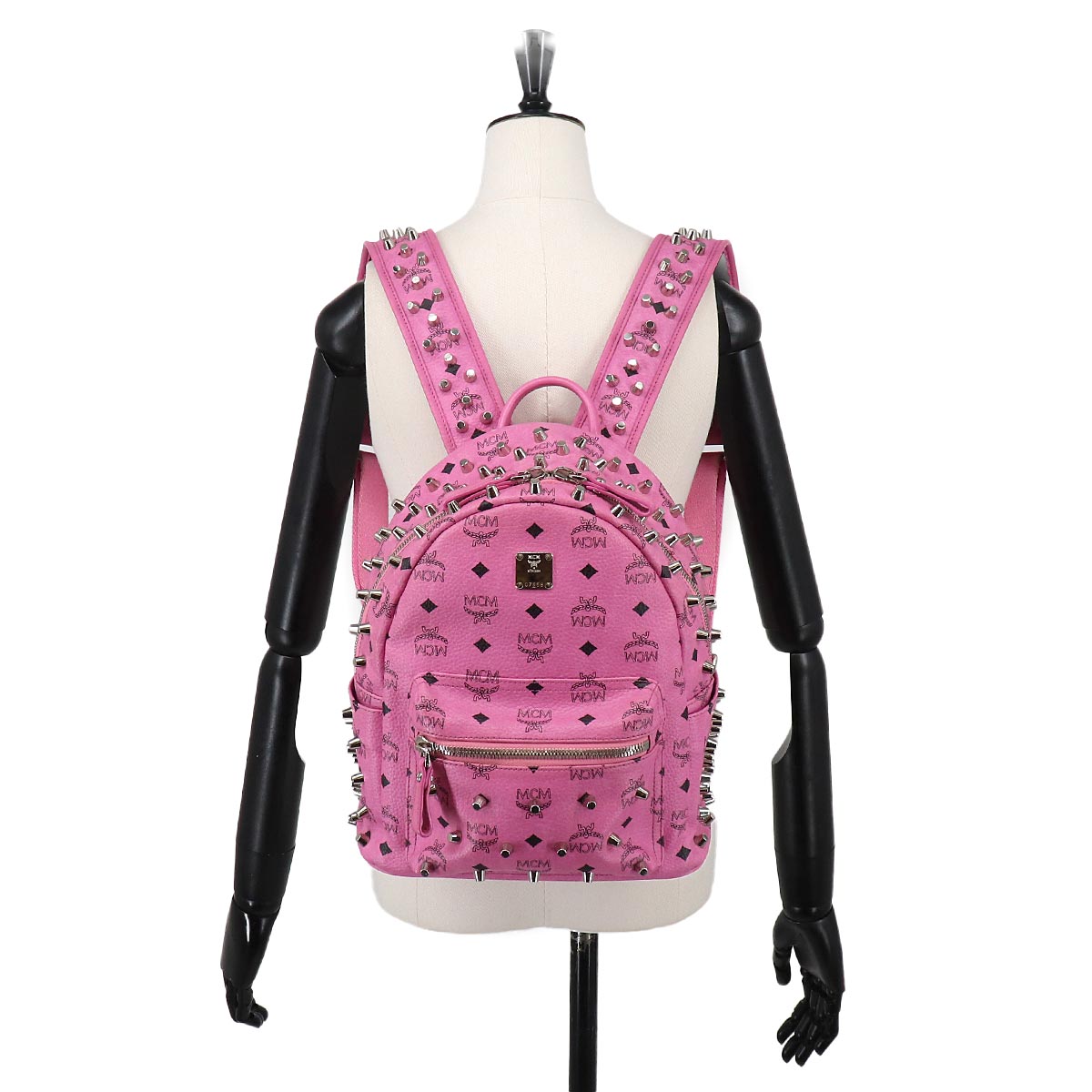 Studs Back Pack Leather Pink Black