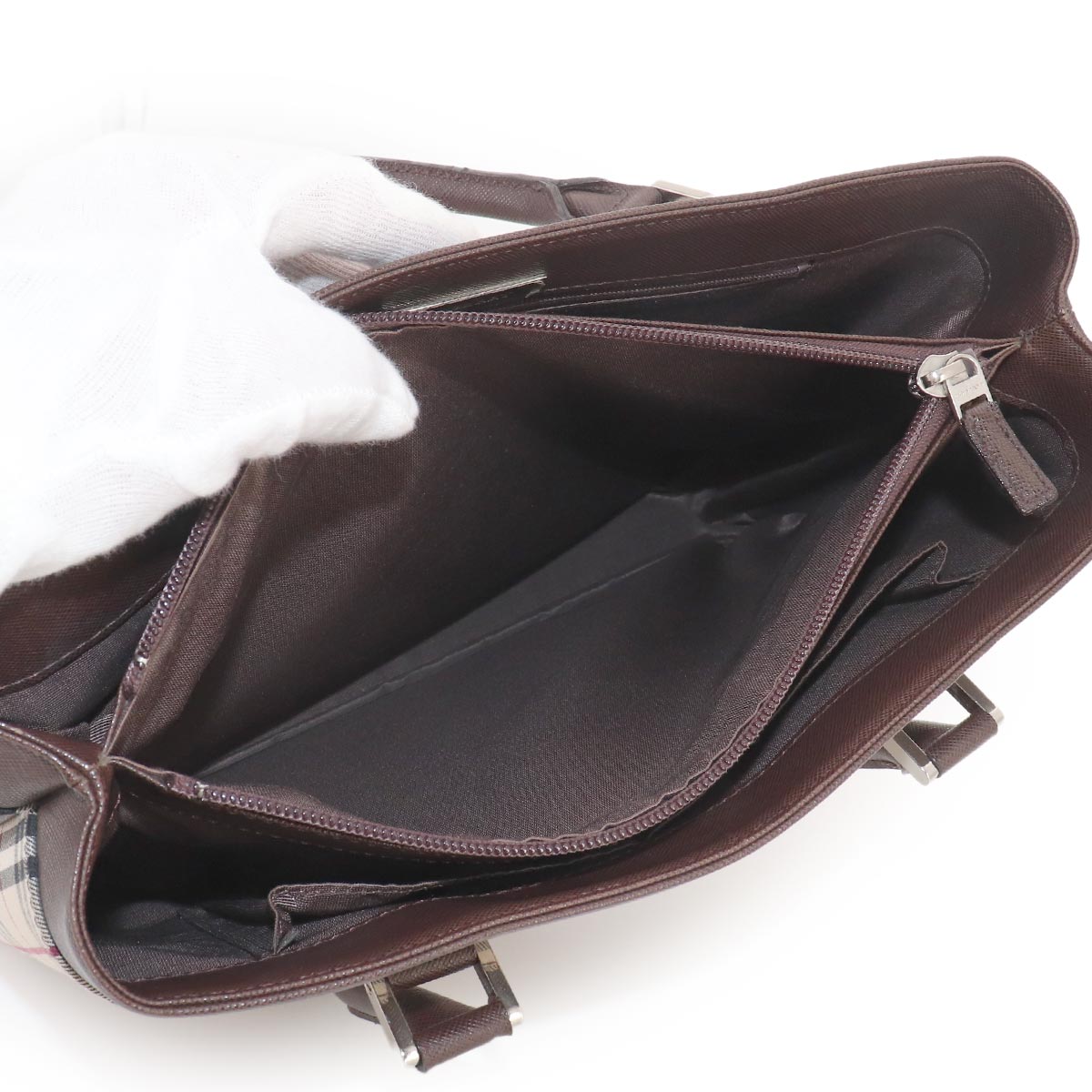 Plaid Hand Bag Canvas Leather Beige Dark brown Purse