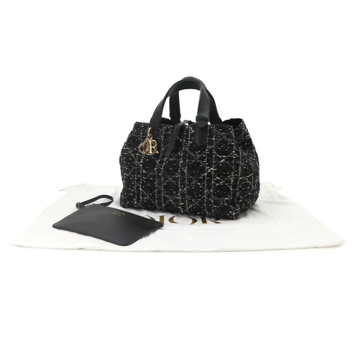 Cannage Toujours Medium Hand Bag Tweed Leather Black