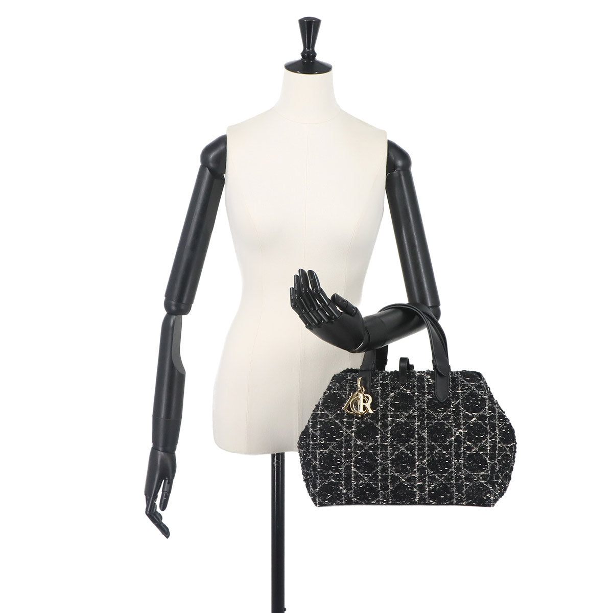 Cannage Toujours Medium Hand Bag Tweed Leather Black