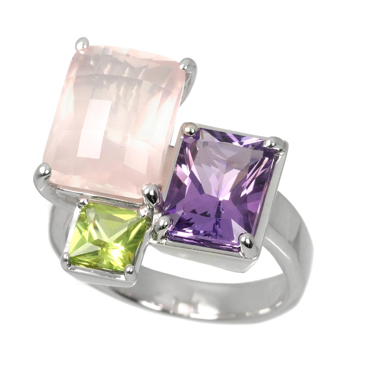 Quartz Amethyst Peridot Ring 18K WG 750 Size6.75(US)