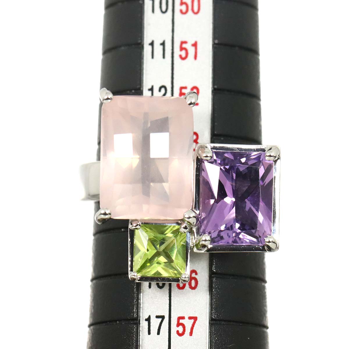 Quartz Amethyst Peridot Ring 18K WG 750 Size6.75(US)
