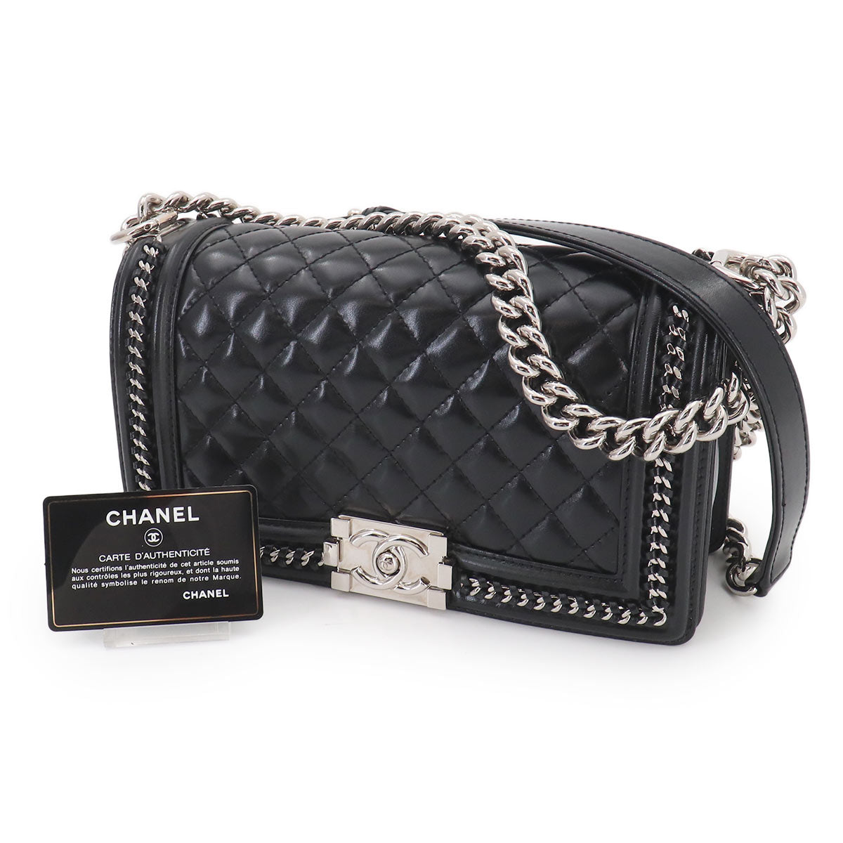 BOY CHANEL Chain Shoulder Bag Leather Black Purse