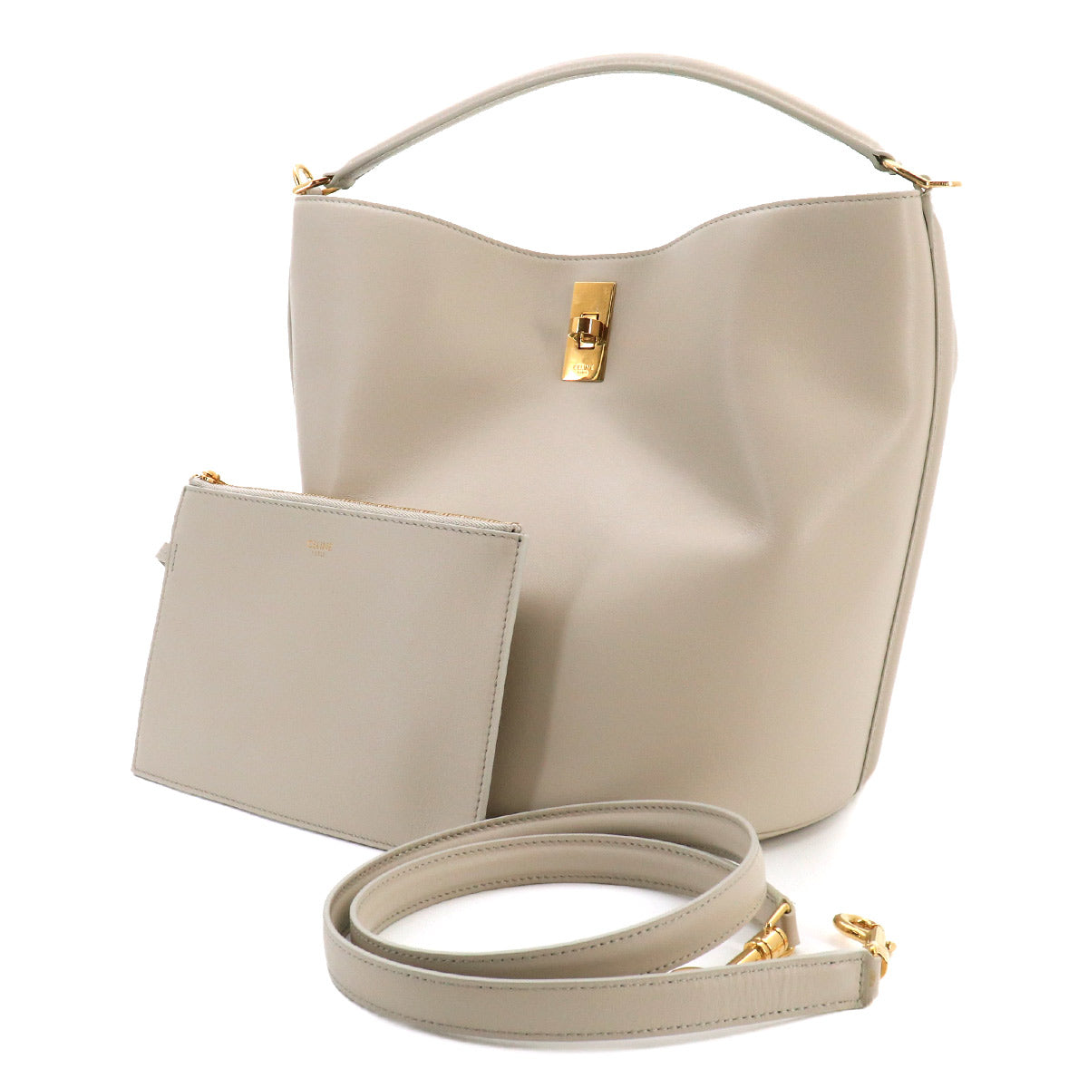 Bucket 16 2way Hand Shoulder Bag Leather Light Gray