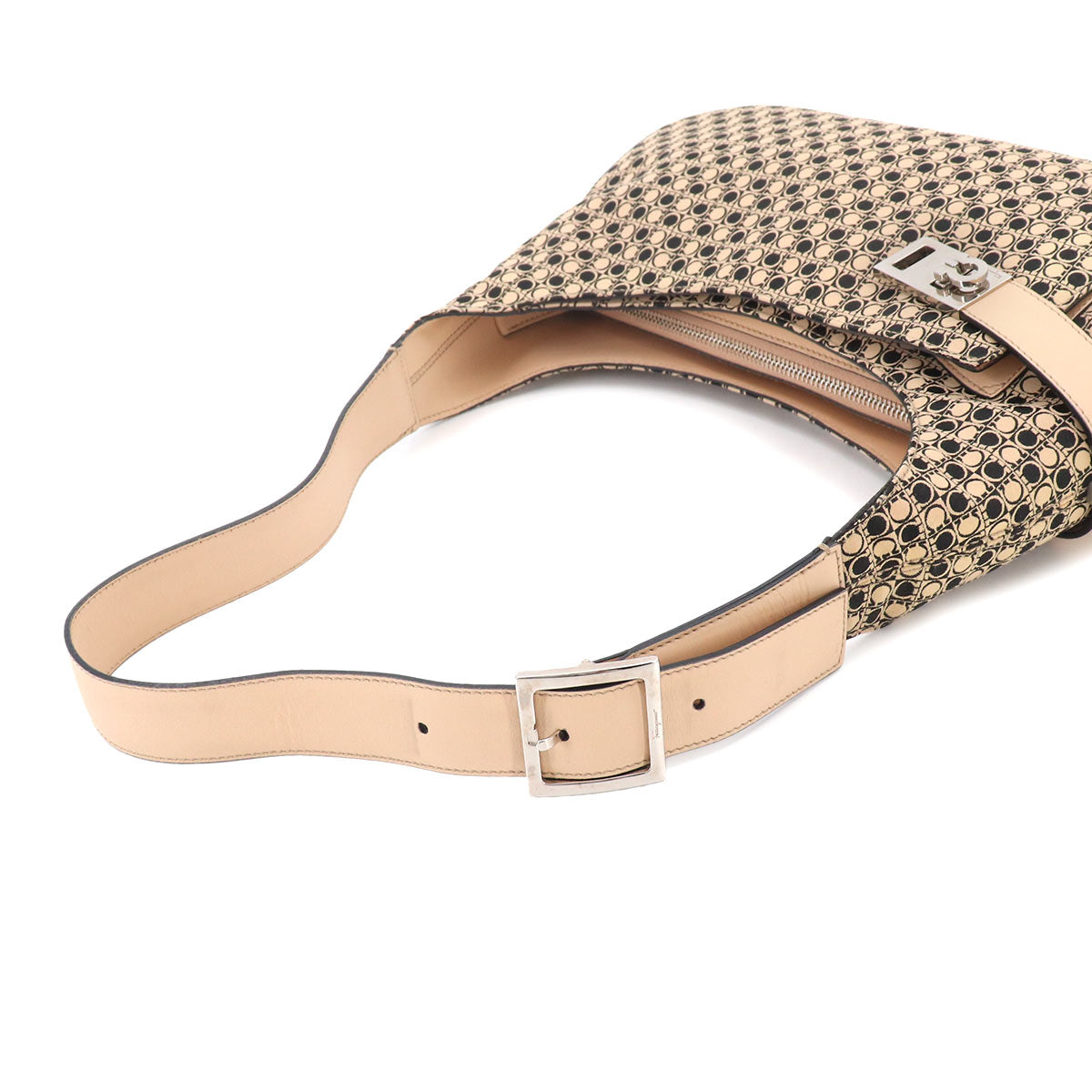 Gancini Shoulder Bag Canvas Leather Beige Black