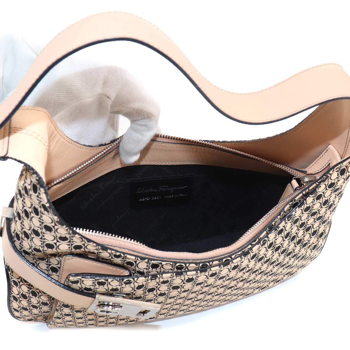 Gancini Shoulder Bag Canvas Leather Beige Black