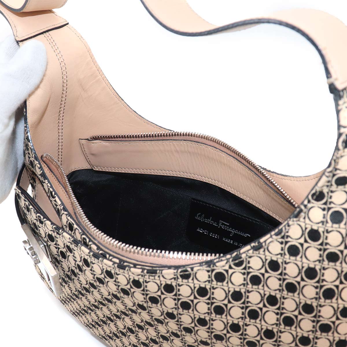 Gancini Shoulder Bag Canvas Leather Beige Black