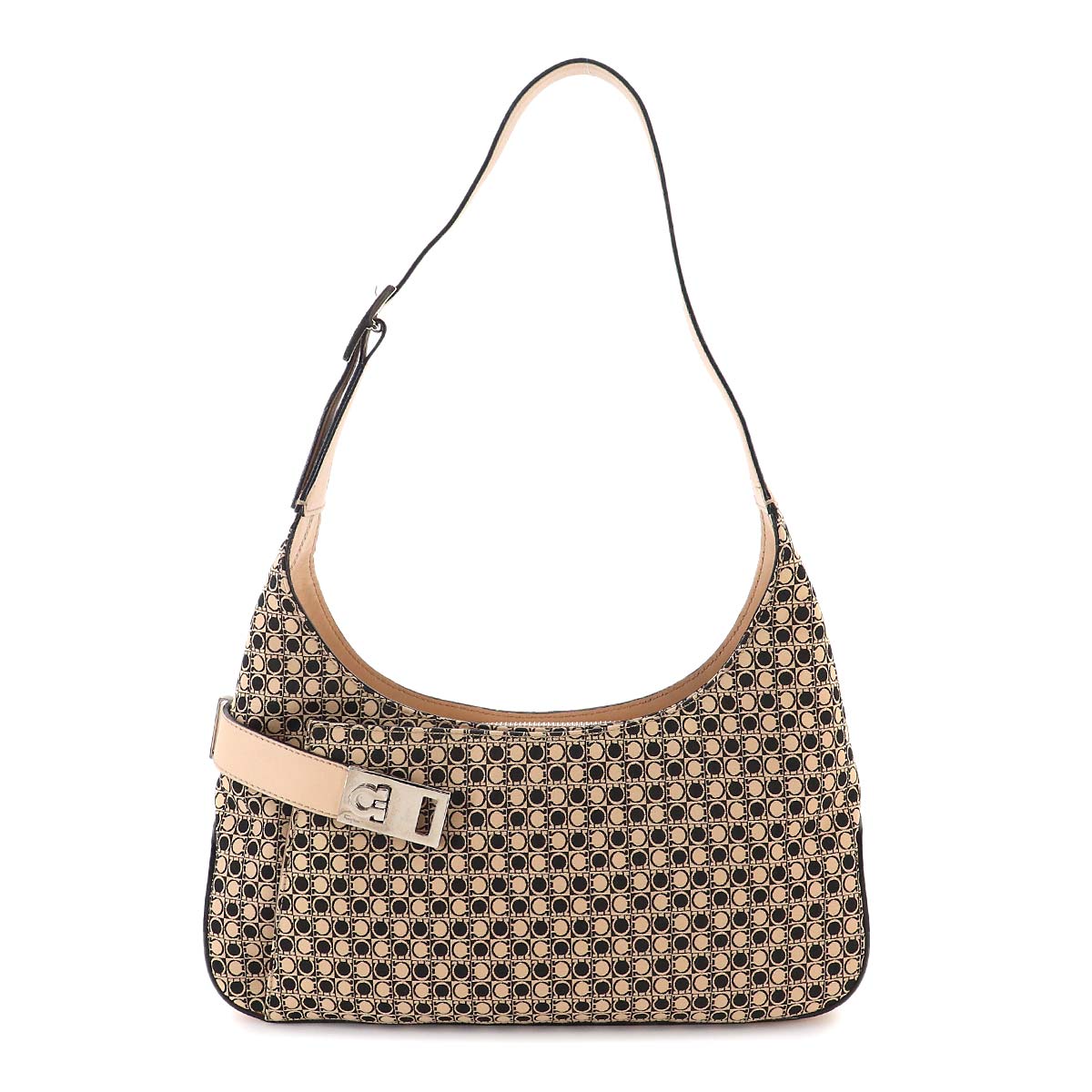 Gancini Shoulder Bag Canvas Leather Beige Black