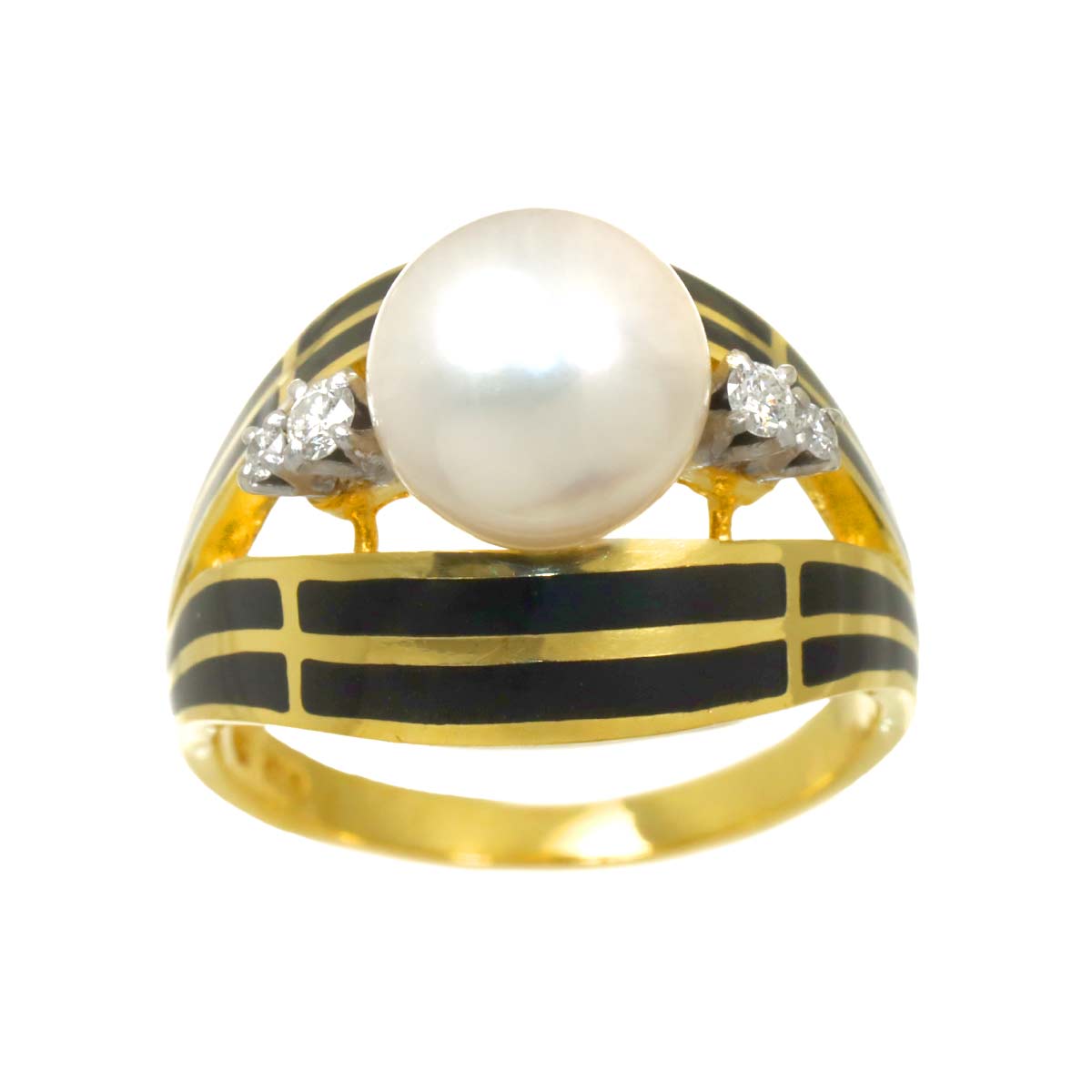 Akoya Pearl 8.1mm Diamond Onyx Ring 18K YG 750 Size5.25(US)