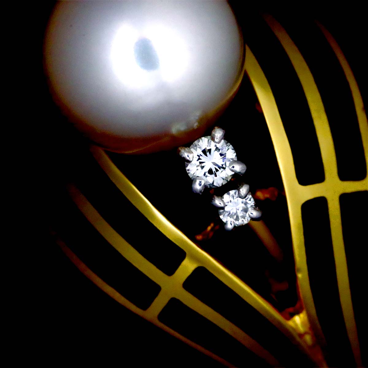 Akoya Pearl 8.1mm Diamond Onyx Ring 18K YG 750 Size5.25(US)