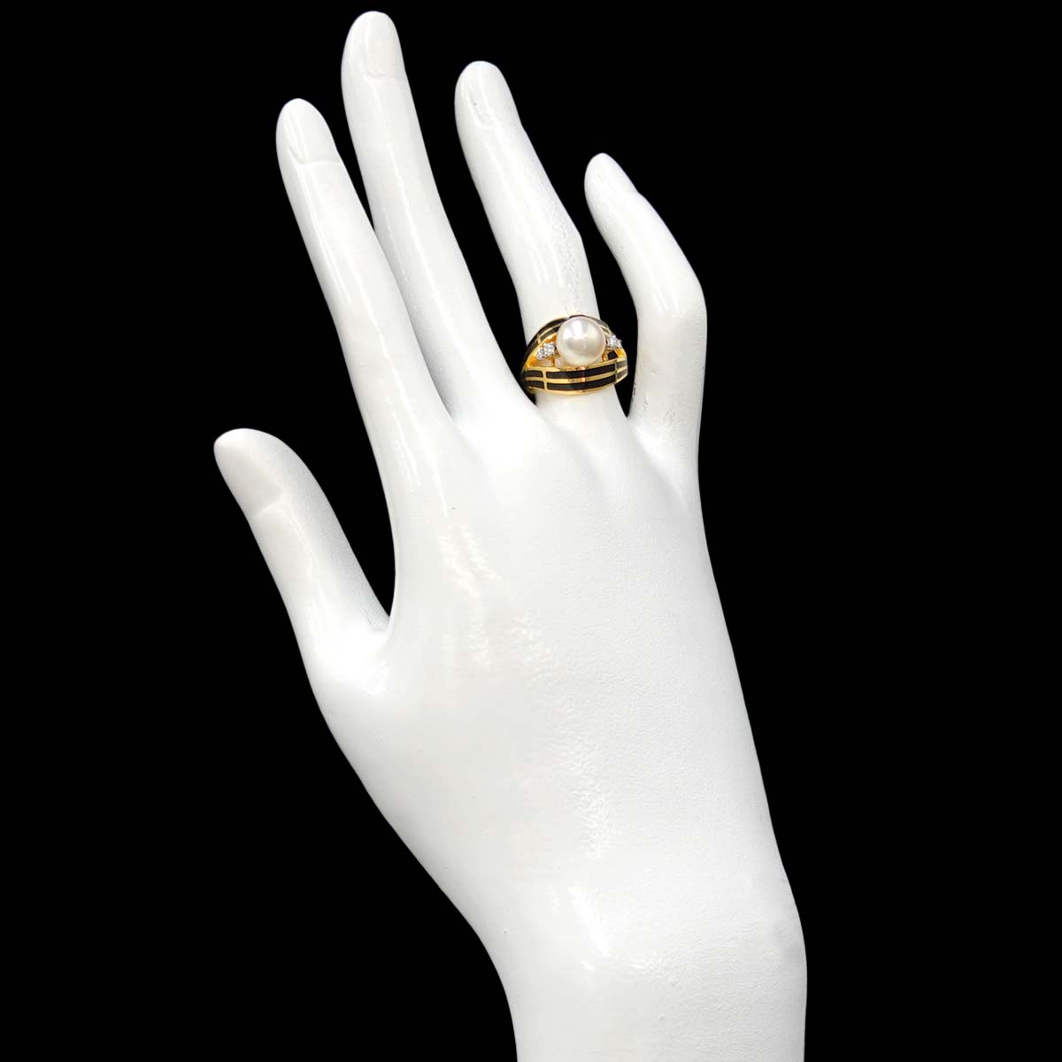 Akoya Pearl 8.1mm Diamond Onyx Ring 18K YG 750 Size5.25(US)