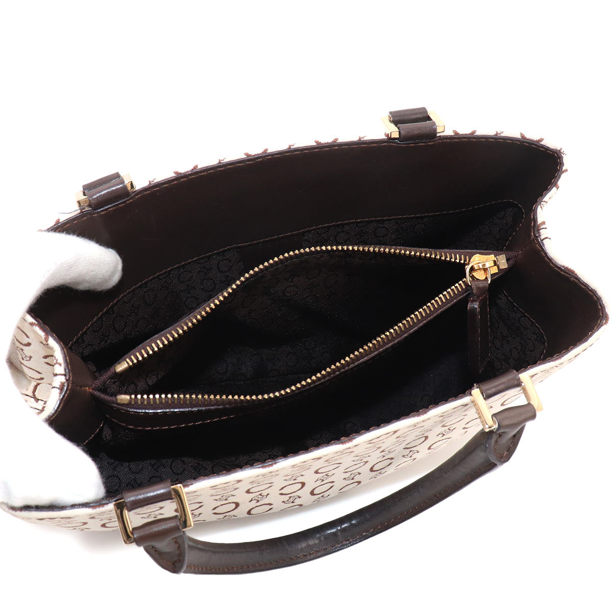 C Macadam Hand Bag Canvas Leather Beige Brown Purse