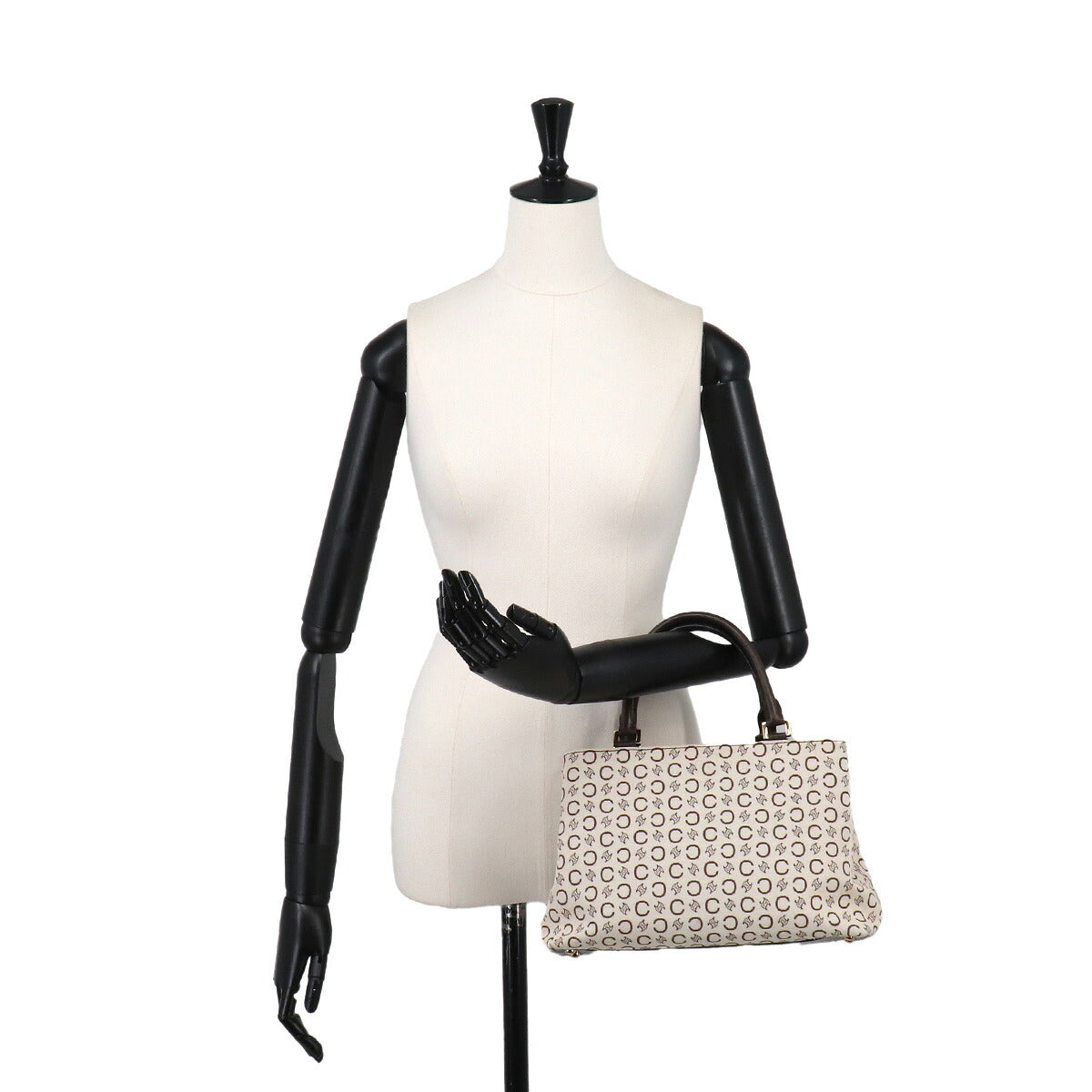 C Macadam Hand Bag Canvas Leather Beige Brown Purse