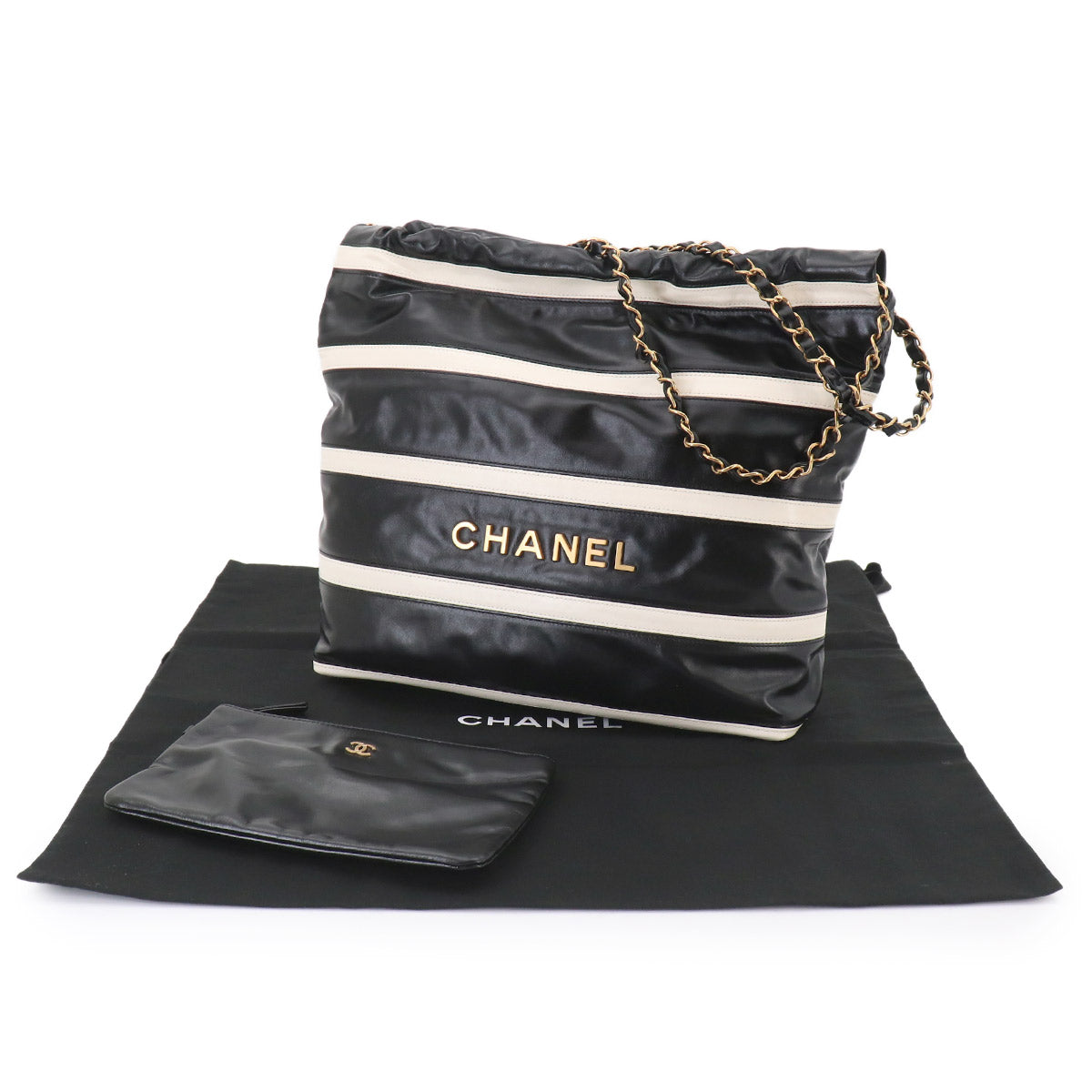 CHANEL 22 Small Chain Shoulder Bag Leather Black White Stripe AS3260