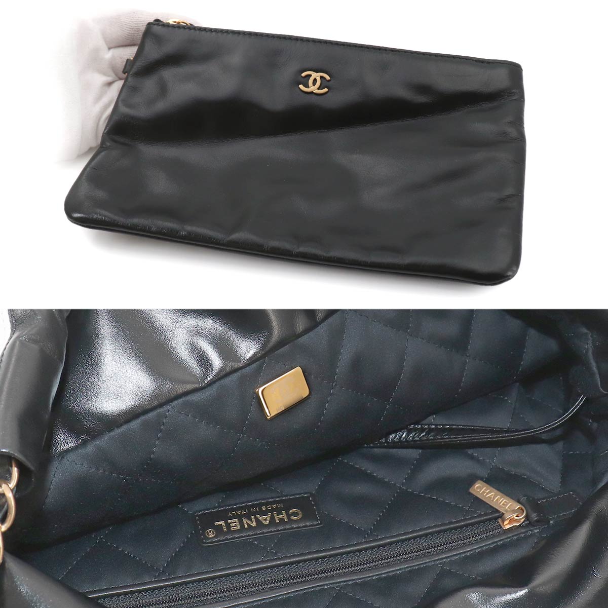 CHANEL 22 Small Chain Shoulder Bag Leather Black White Stripe AS3260