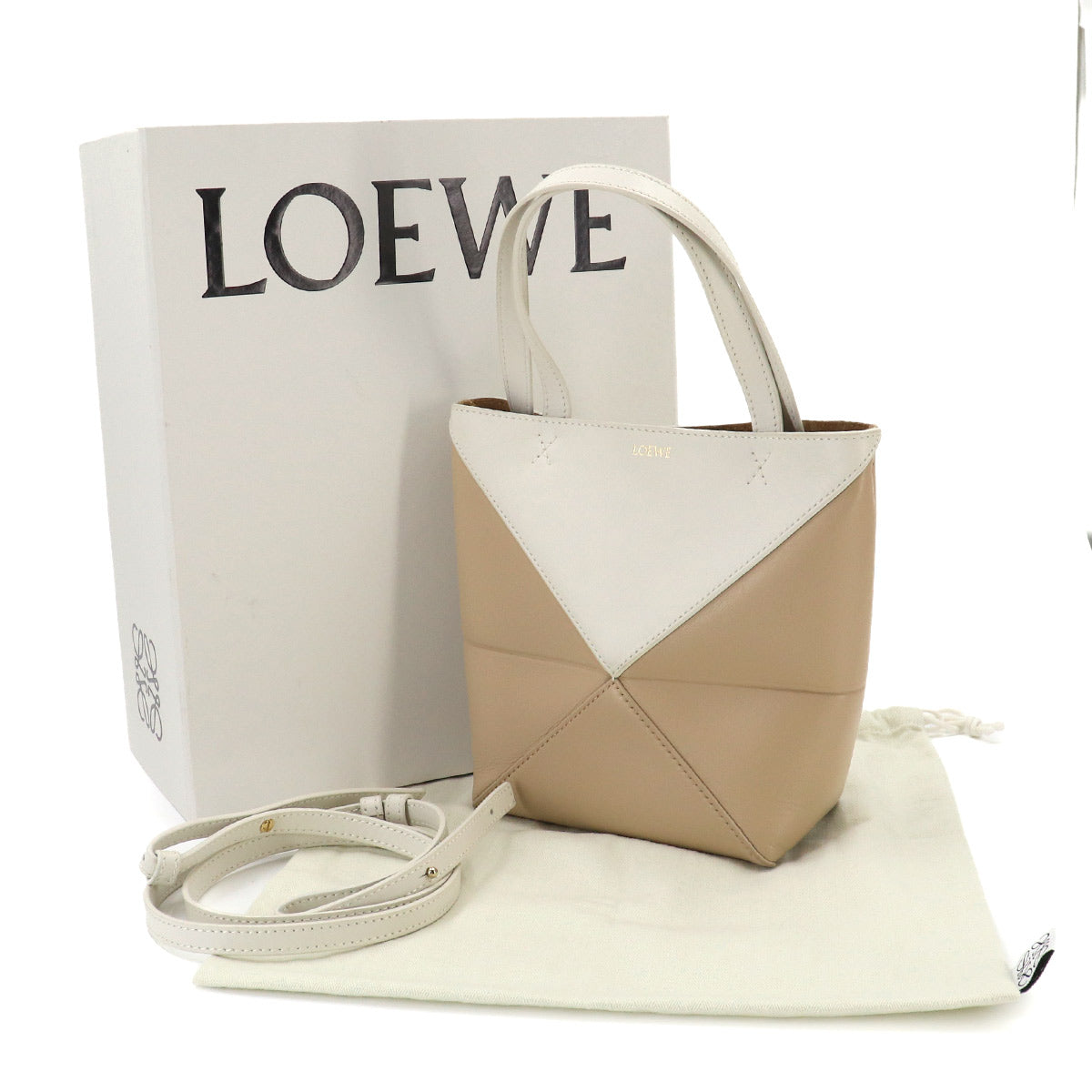 Mini Puzzle Fold 2way Tote Shoulder Bag Leather Beige White