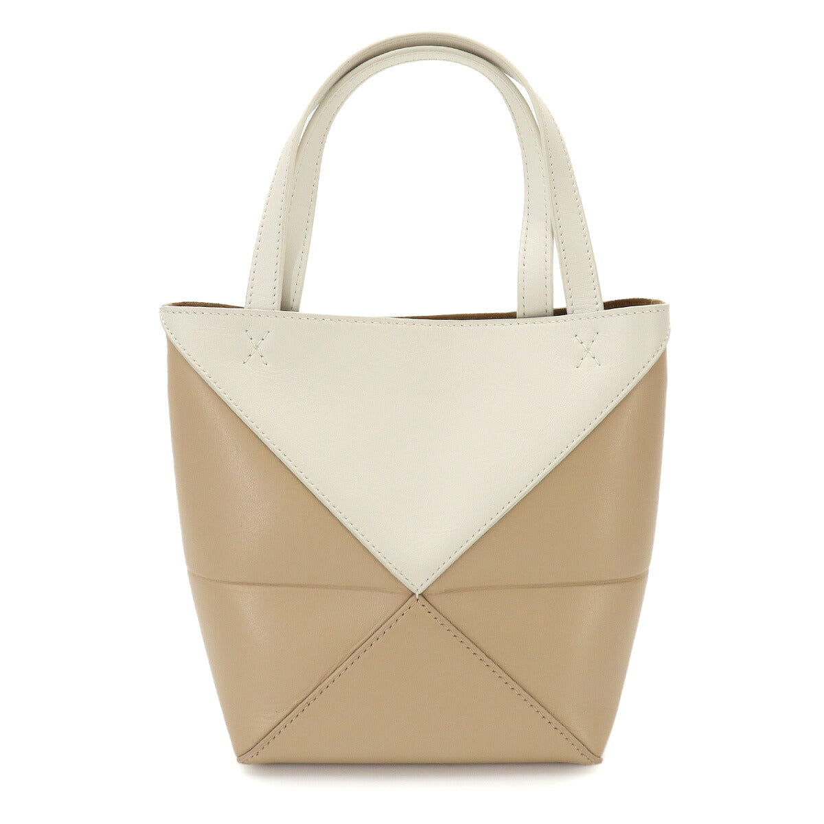 Mini Puzzle Fold 2way Tote Shoulder Bag Leather Beige White