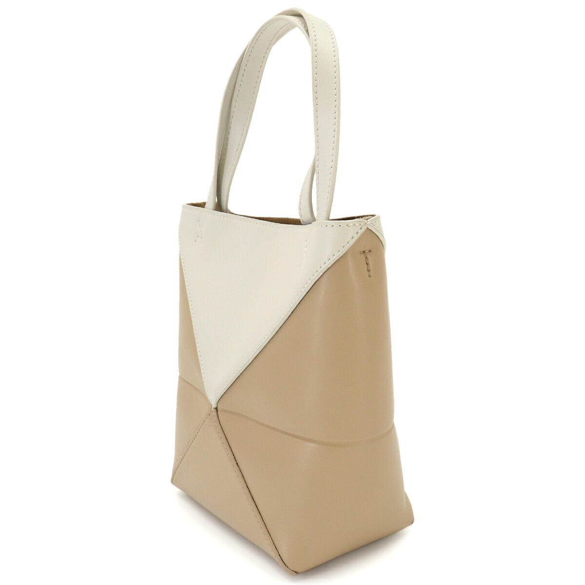 Mini Puzzle Fold 2way Tote Shoulder Bag Leather Beige White
