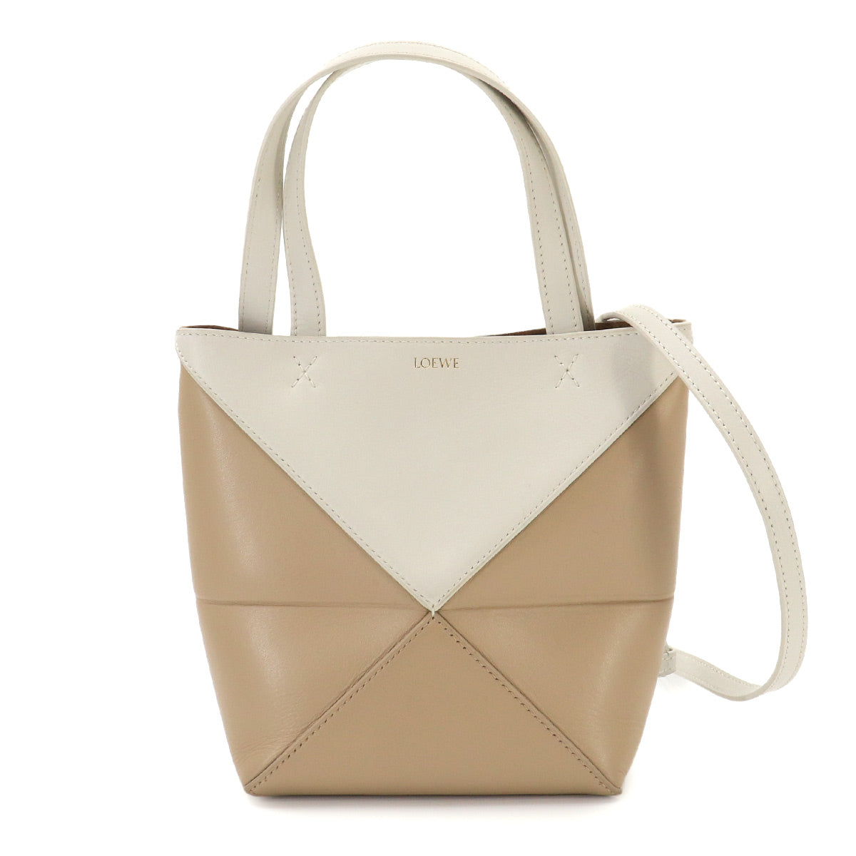 Mini Puzzle Fold 2way Tote Shoulder Bag Leather Beige White