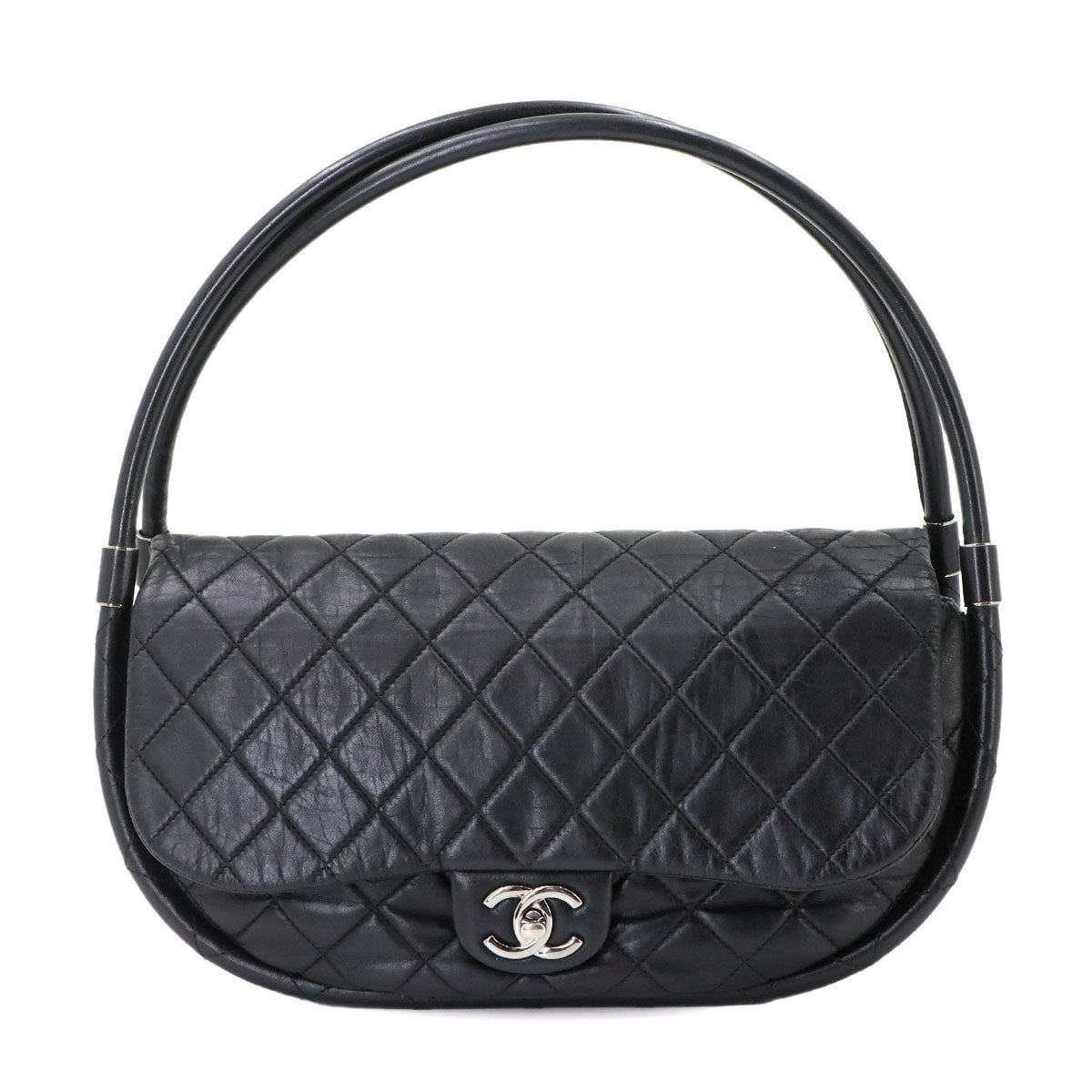 Matelasse Hula Hoop Hand Bag Leather Black Purse