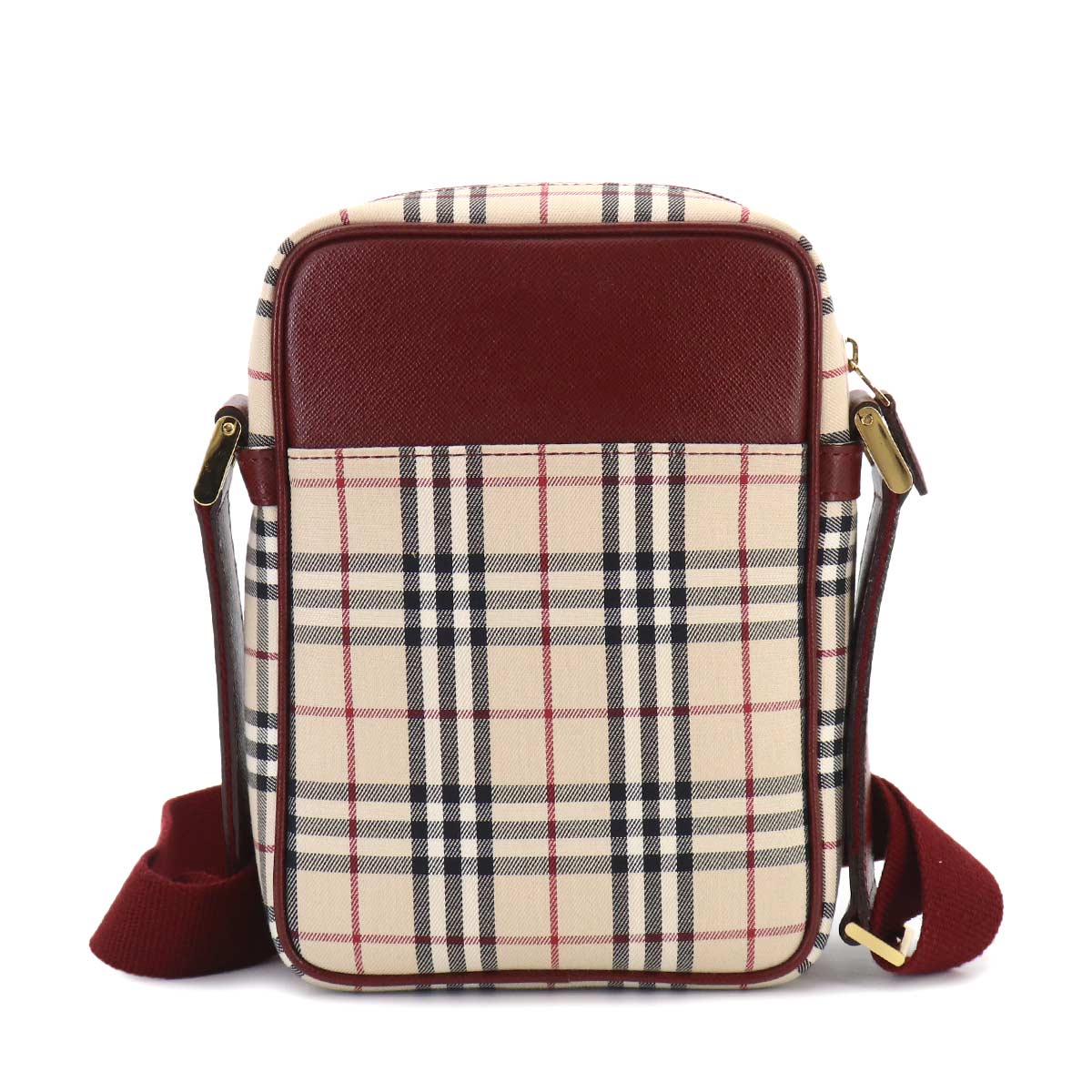Plaid Shoulder Bag Canvas Leather Beige Bordeaux Purse