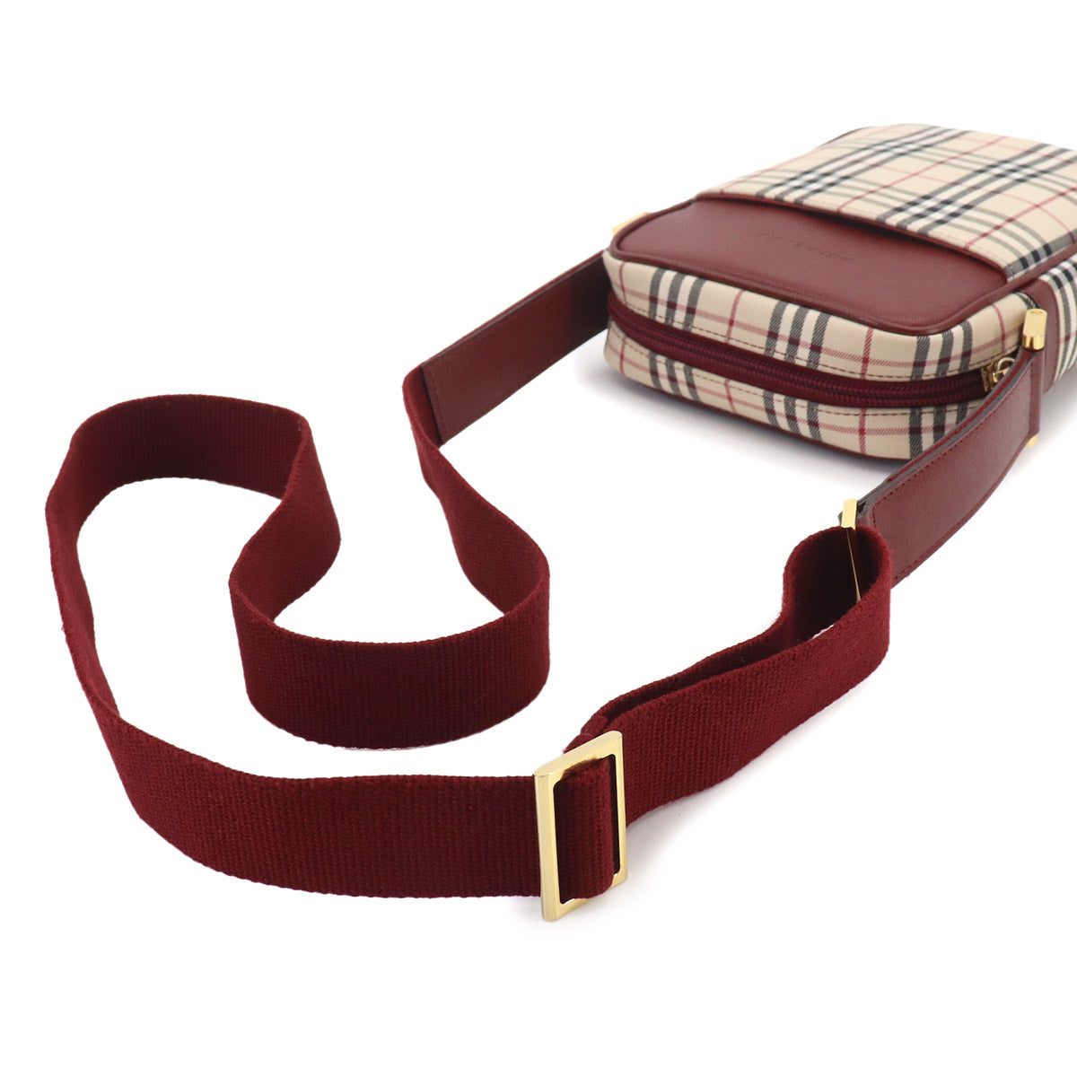 Plaid Shoulder Bag Canvas Leather Beige Bordeaux Purse
