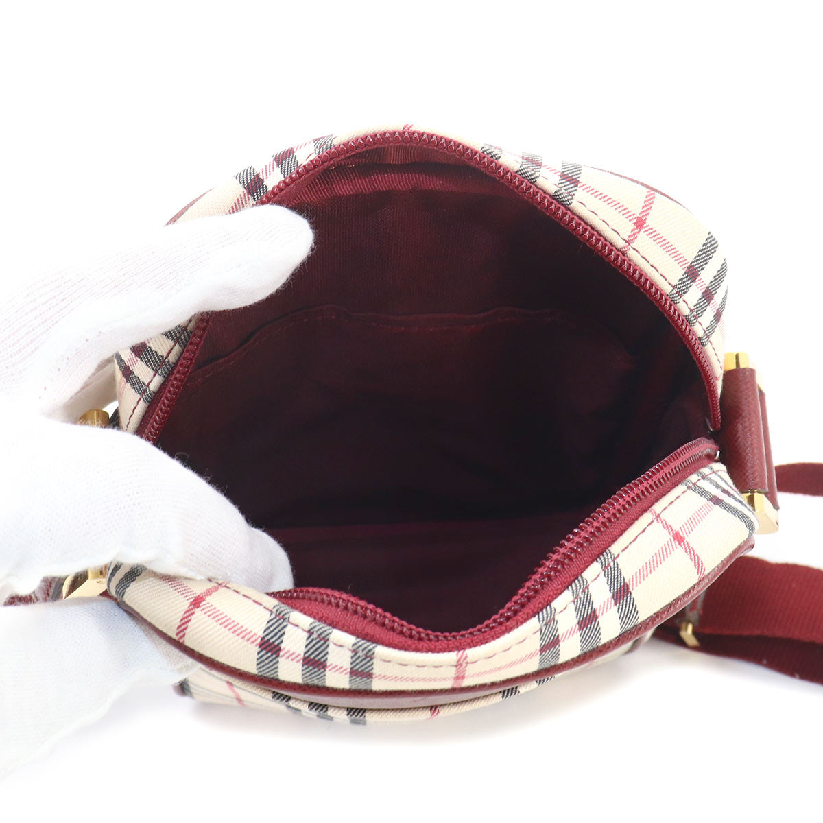 Plaid Shoulder Bag Canvas Leather Beige Bordeaux Purse