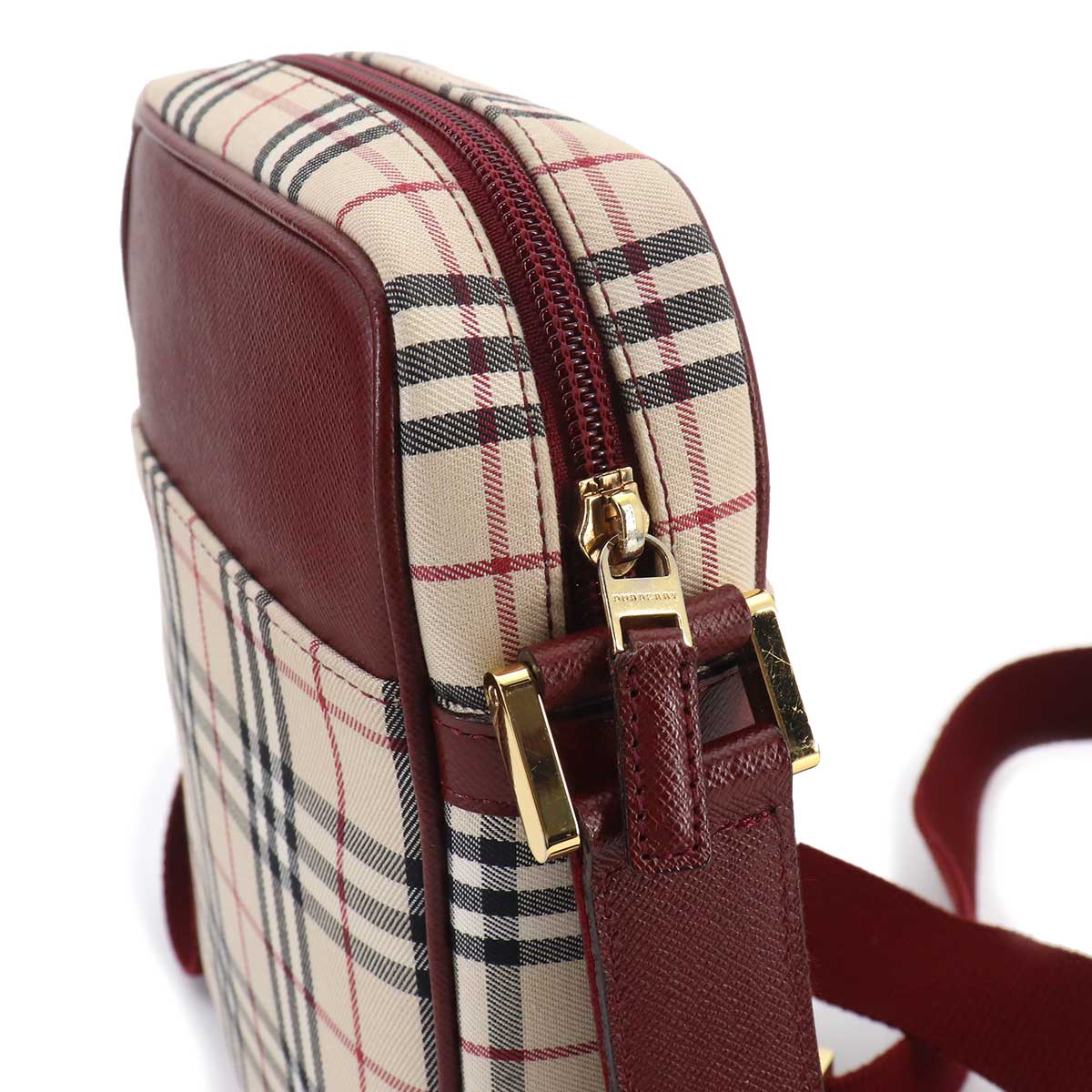 Plaid Shoulder Bag Canvas Leather Beige Bordeaux Purse