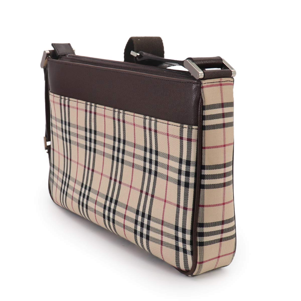 Plaid Shoulder Bag Canvas Leather Beige Brown Purse