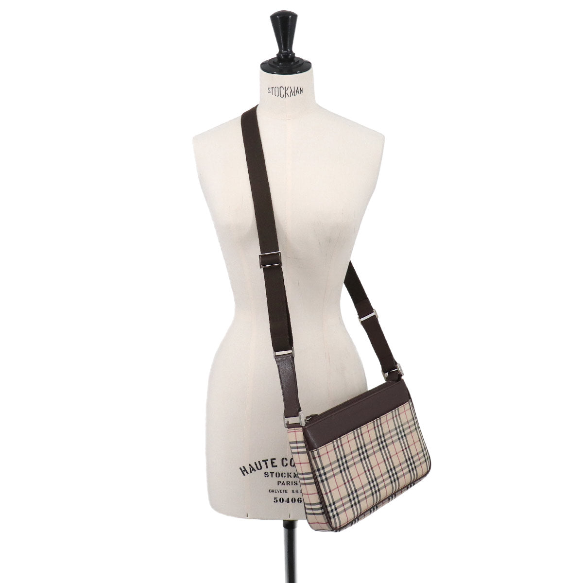 Plaid Shoulder Bag Canvas Leather Beige Brown Purse