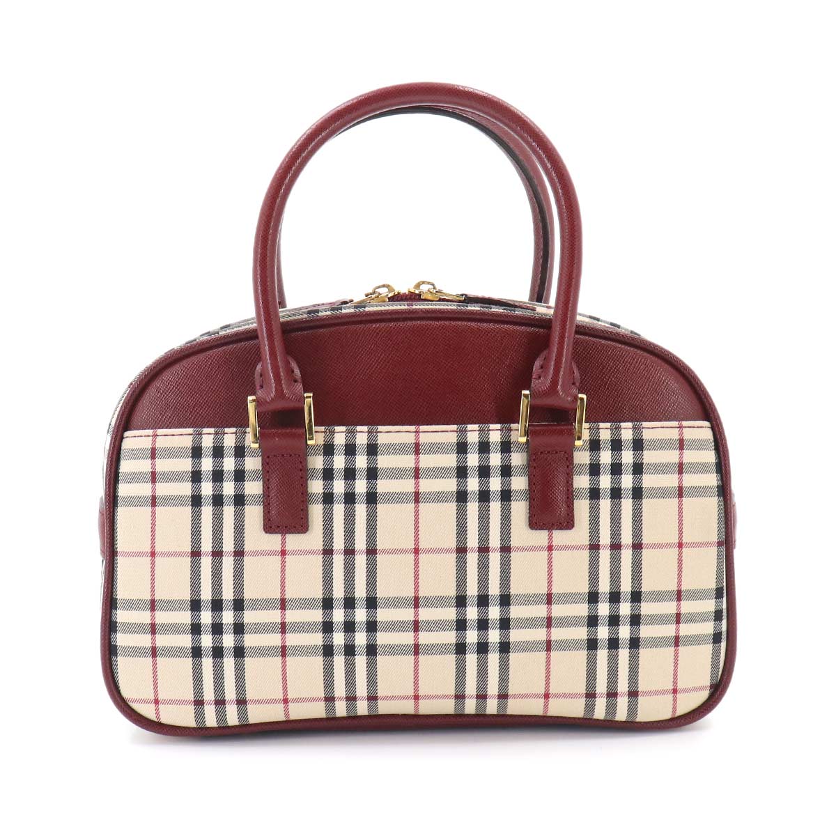 Plaid Mini Boston Hand Bag Canvas Leather Beige Bordeaux
