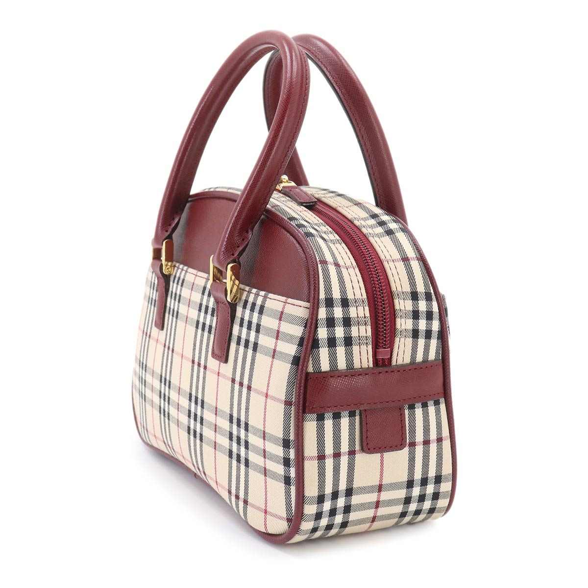 Plaid Mini Boston Hand Bag Canvas Leather Beige Bordeaux