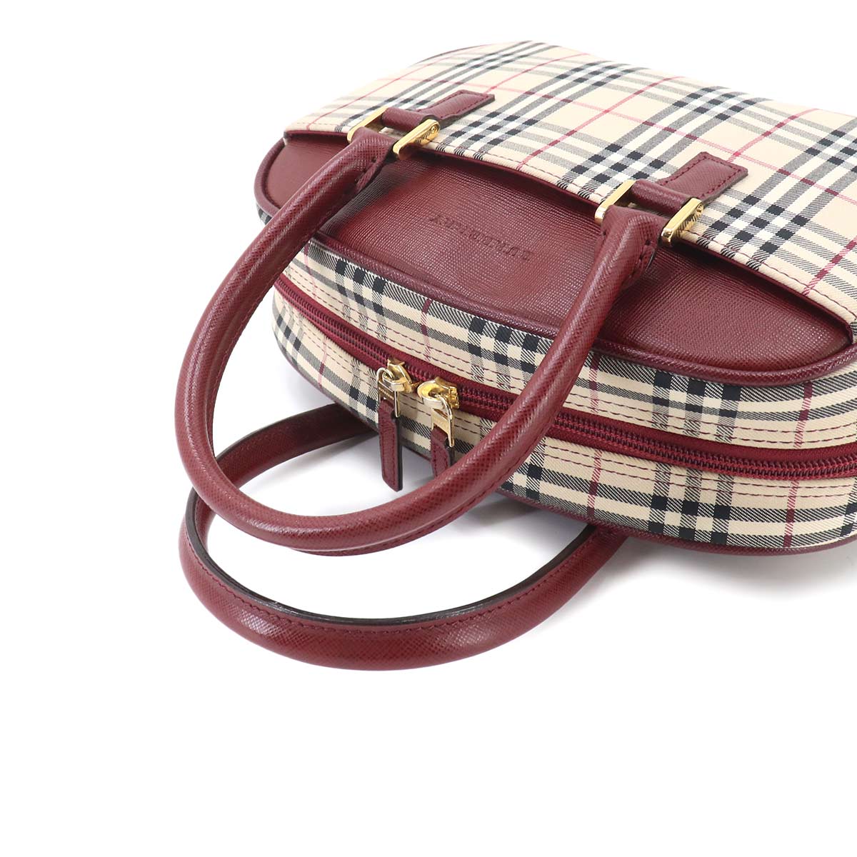 Plaid Mini Boston Hand Bag Canvas Leather Beige Bordeaux