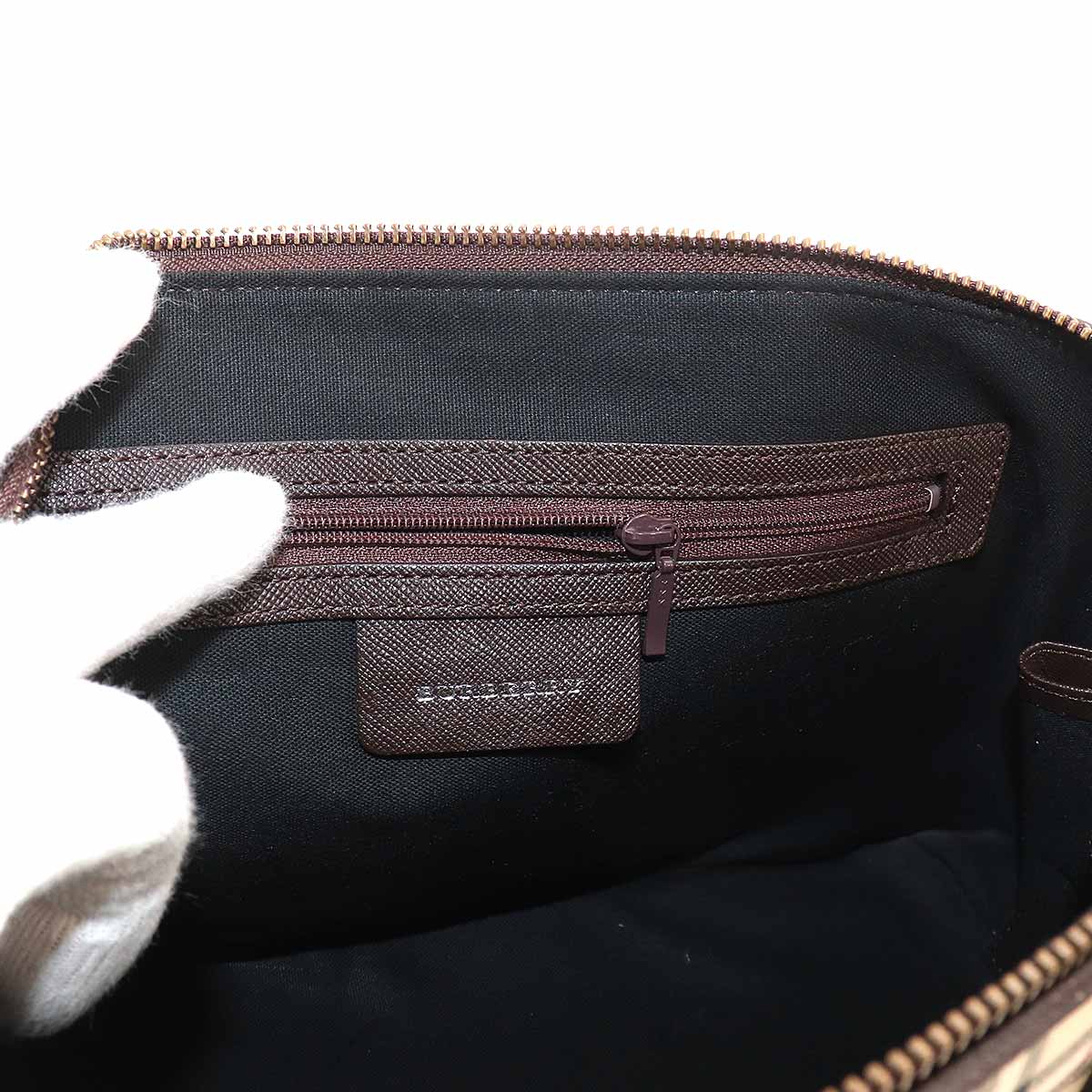 Plaid Mini Boston Hand Bag Canvas Leather Beige Black