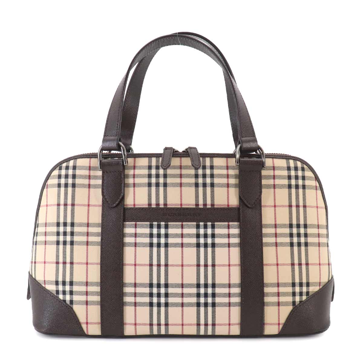 Plaid Mini Boston Hand Bag Canvas Leather Beige Black