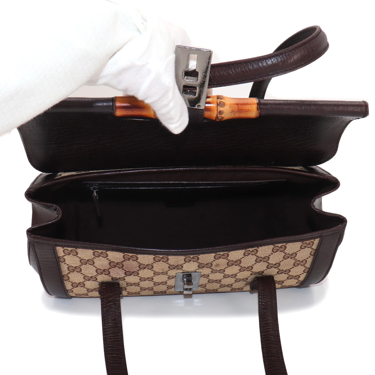 Bamboo Hand Bag GG Canvas Leather Brown Beige 11713 Purse