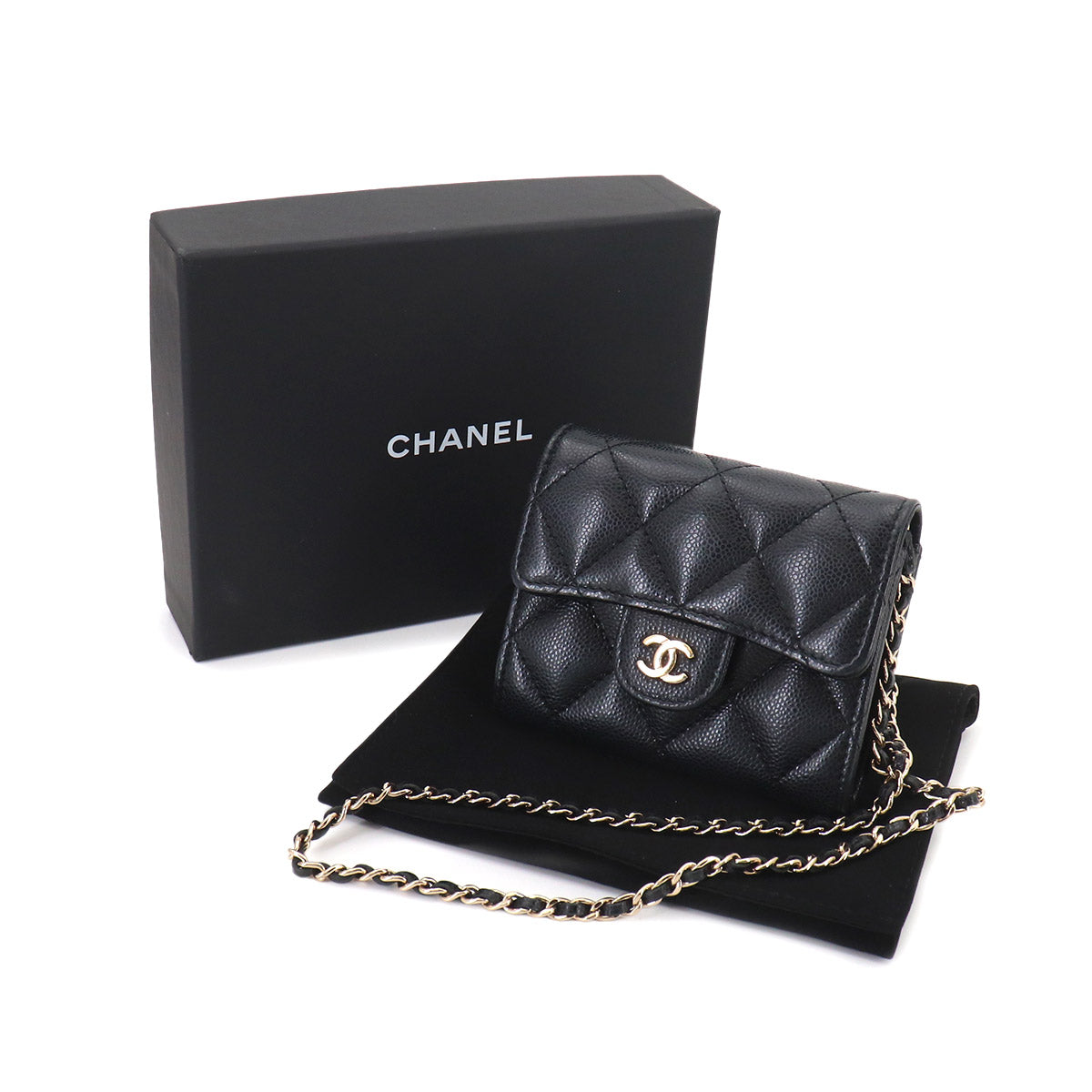 Matelasse Chain Coin Purse Case Leather Black AP0238