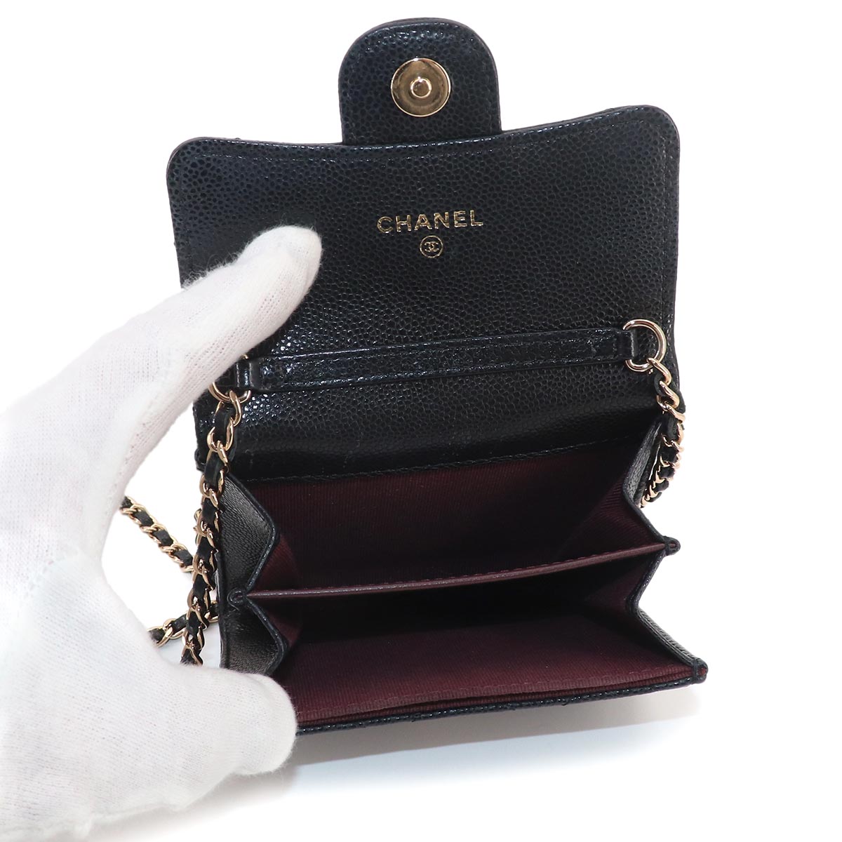 Matelasse Chain Coin Purse Case Leather Black AP0238