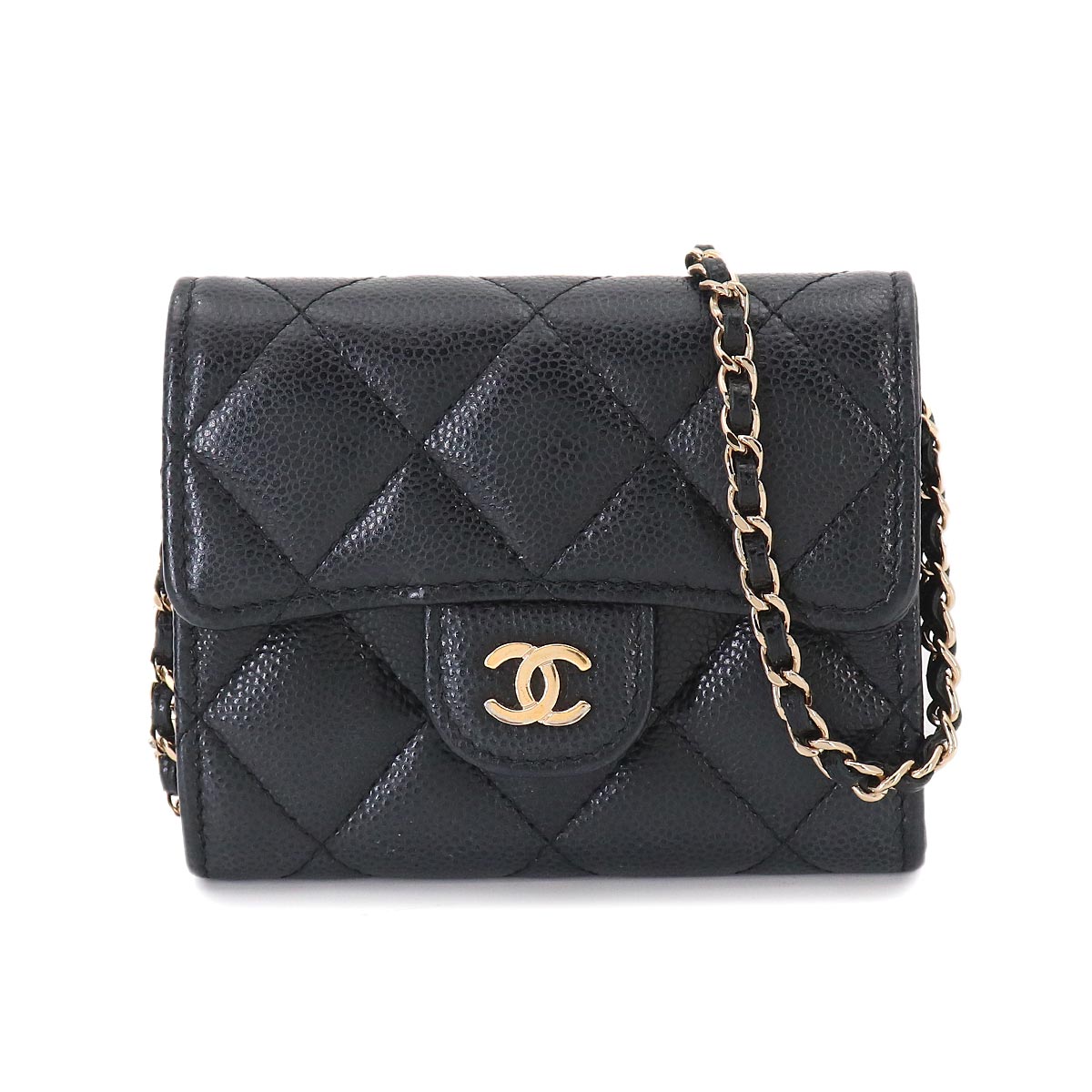 Matelasse Chain Coin Purse Case Leather Black AP0238