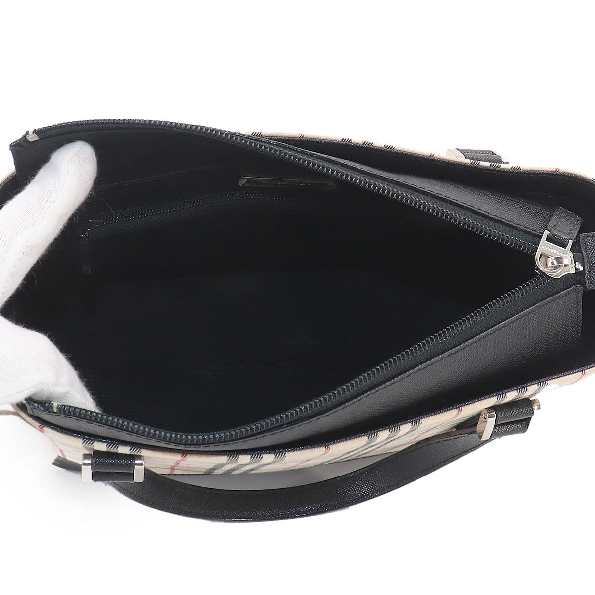 Plaid Hand Bag Canvas Leather Beige Black Purse