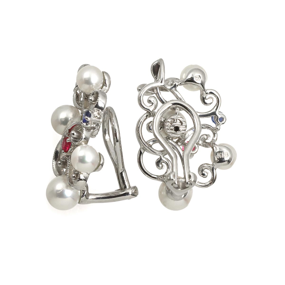 Akoya Pearl Ruby Sapphire Earrings Clip on 18K White Gold 750