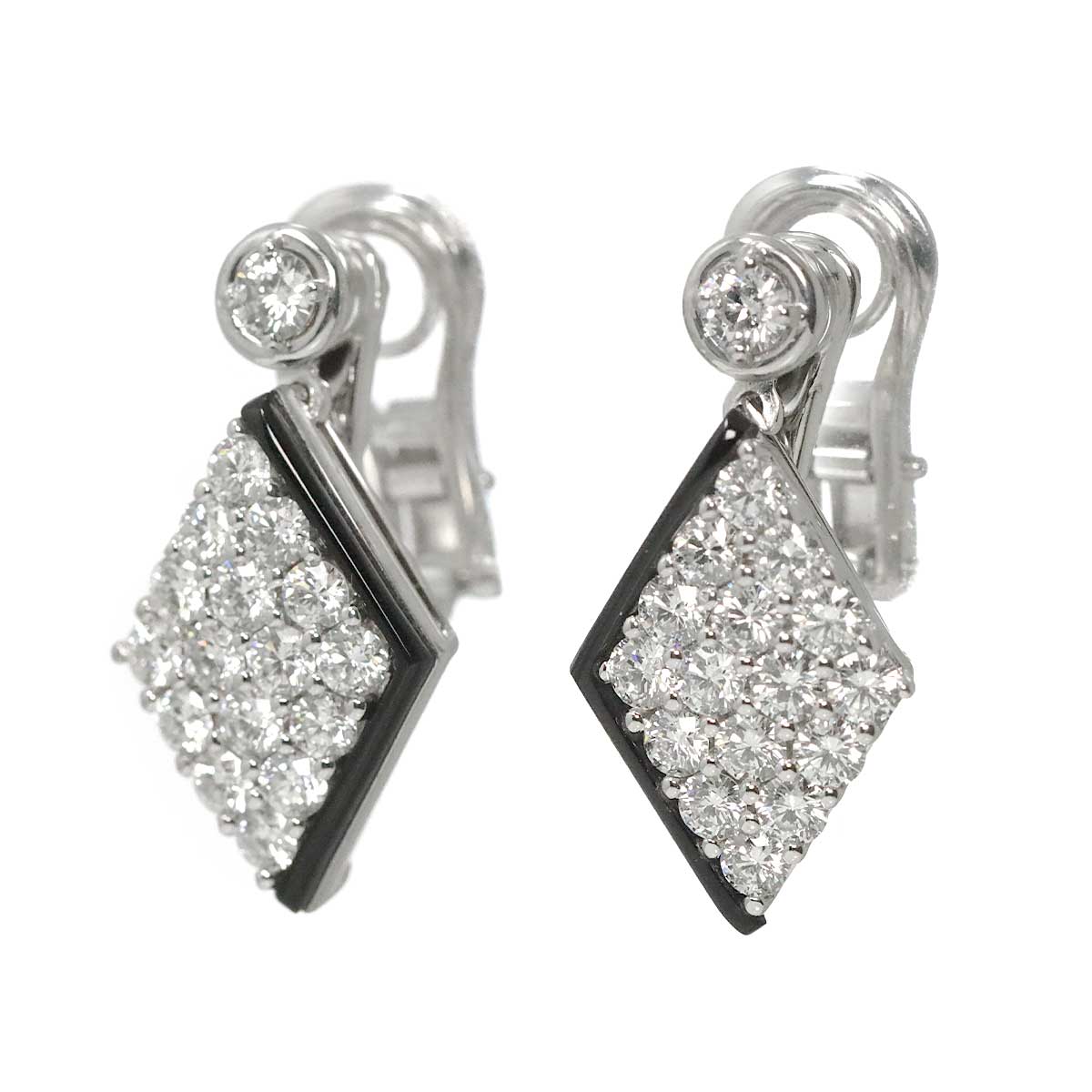 Diamond 1.93ct Onyx Earrings Clip on 18K White Gold 750