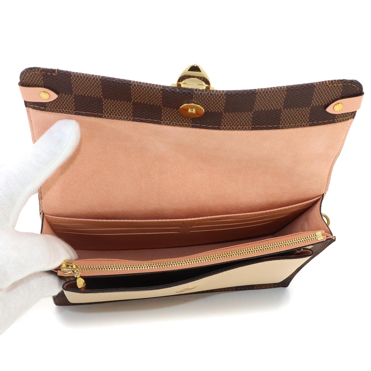 Damier Vavin Chain Long Wallet Ebene White Pink N60237