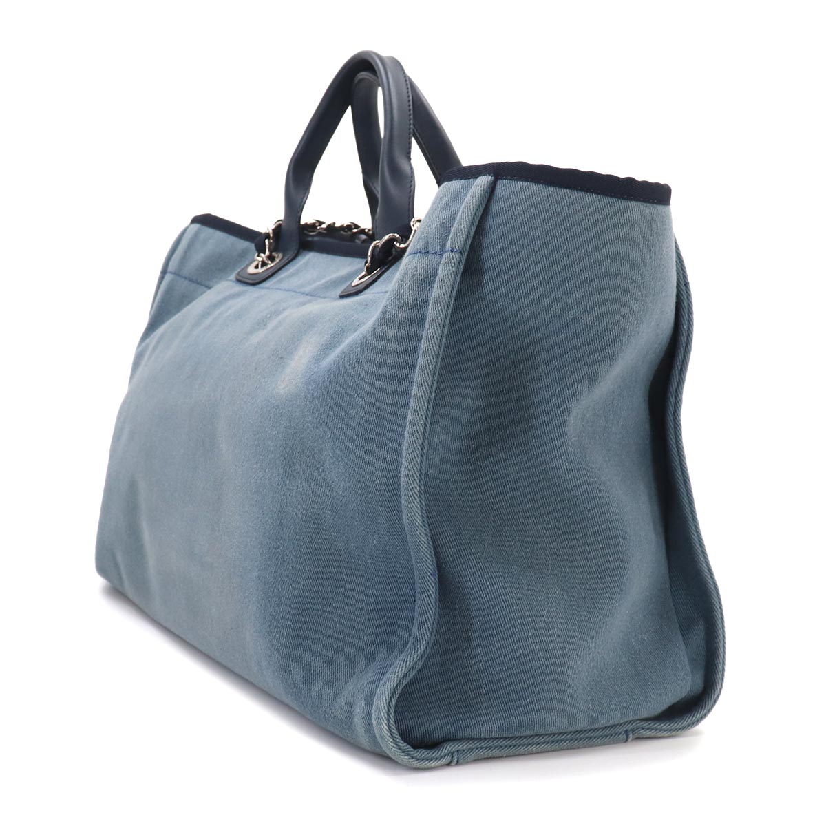 Deauville GM Tote Chain Shoulder Bag Denim Leather Blue Purse