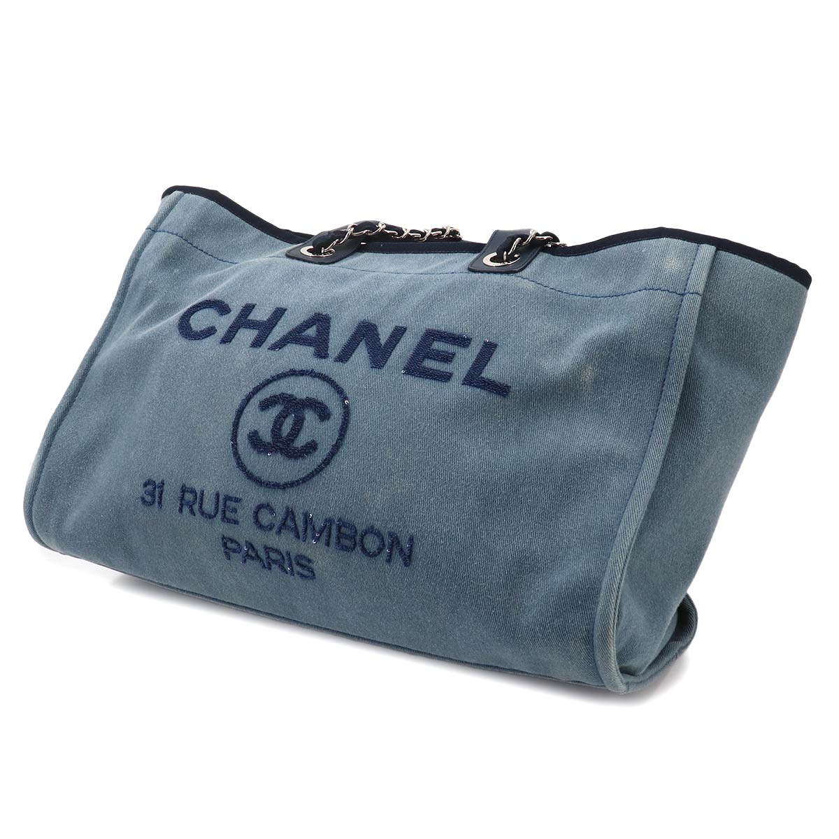 Deauville GM Tote Chain Shoulder Bag Denim Leather Blue Purse