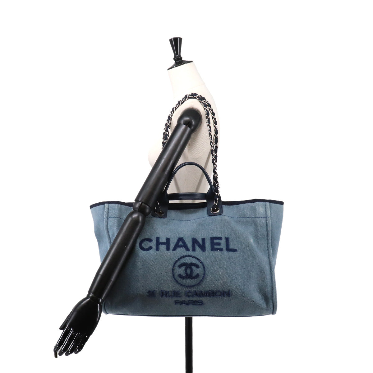 Deauville GM Tote Chain Shoulder Bag Denim Leather Blue Purse